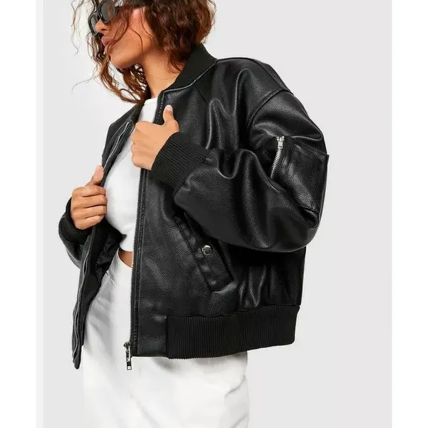 Boohoo -Faux Leather Pocket Detail Bomber Jacket Size 4 in Black - Image 4