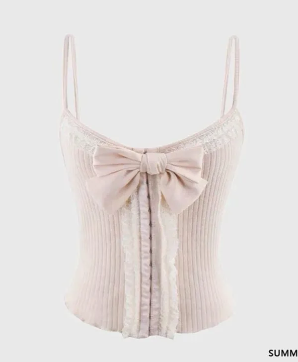 Japanese Kawaii Style Pastel Pink White Ruffle Stretchy Bow Ribbon Tank Top - Image 4