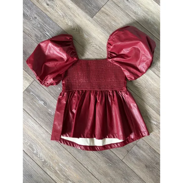 TCEC Red Faux Leather Puff-Sleeve Peplum Top Size Small - Image 3
