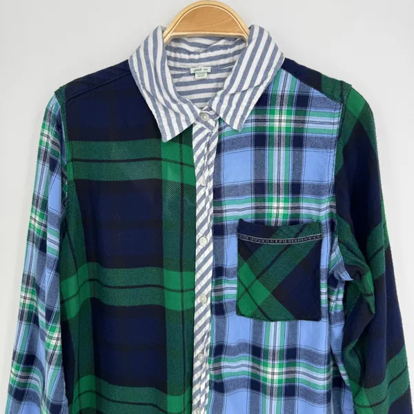 Aerie Flannel Mixed Plaid Button Down Shirt Medium Blue Green Colorblock Preppy - Image 3