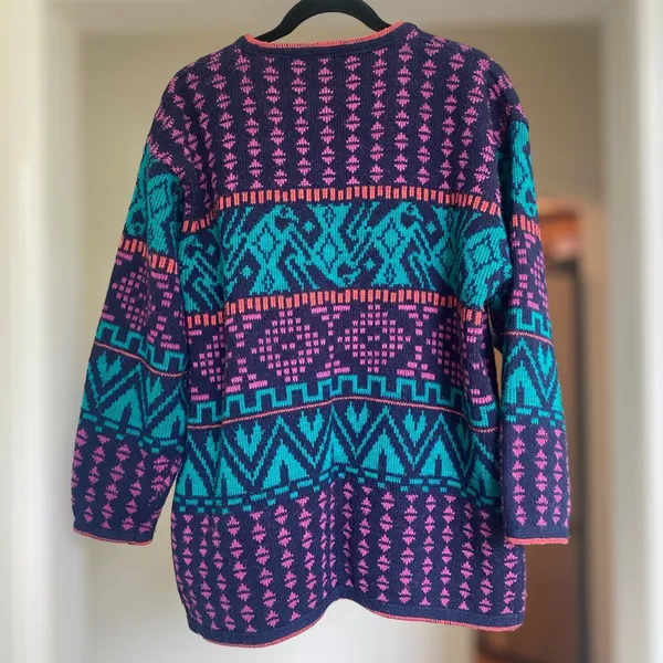 Vintage 80s Colorful Cardigan Sweater Chunky Aztec Patterned Women's Medium - Image 4