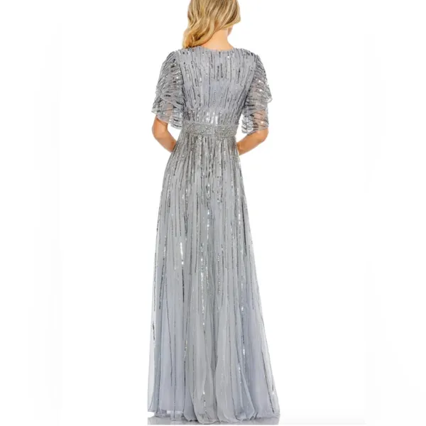 New Mac Duggal 93582 Blue Embellished Full-Length Layered Sleeve Gown - Size 6 - Image 4