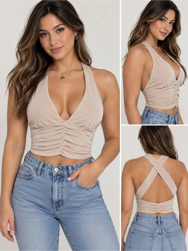 Forever 21 Beige Ruched Halter Cross-Back Crop Top - Image 2