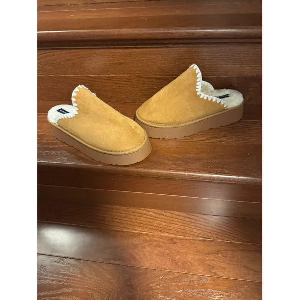 French Connection Womens Chunky Platform Slippers Tan Faux Fur Mules Size M 7-8 - Image 8