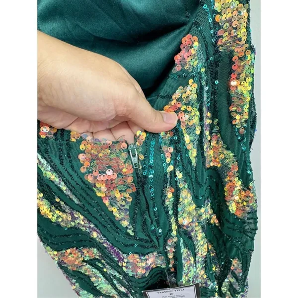 City‎ Studio Dress Juniors' Sequin One-Shoulder Slit Gown Size 11 Green Gold NWT - Image 9
