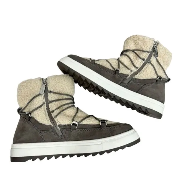 Blondo Boots Size 9.5 Waterproof Gray Cream‎ Suede Shearling Upper Lace Up - Image 4