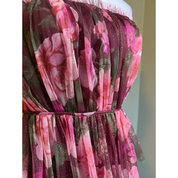 Y2k fairy whimsi bohoFloral Glitter Tulle Strapless Tiered Mini Dress BurgundY 9 - Image 3