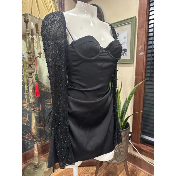 Oh Polly Black Mini Dress Long Sleeve Embellished US 0 UK 4 - Image 3