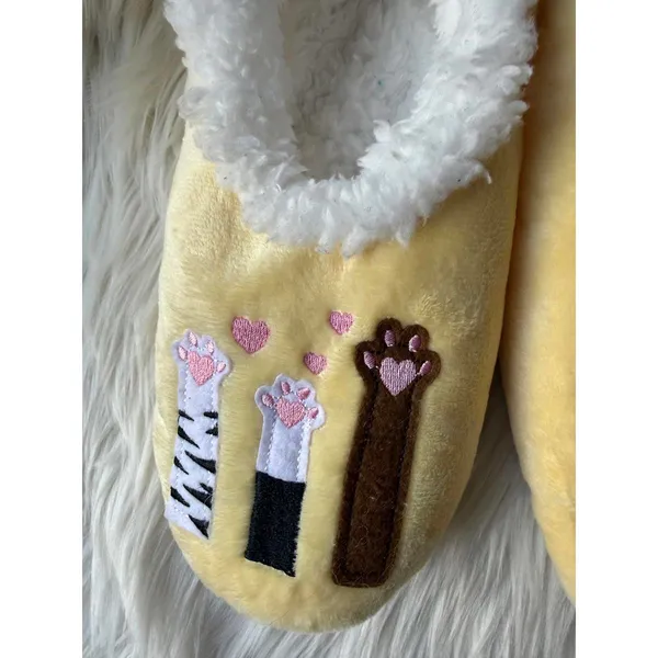 Yellow Plush Women's Slippers with 'Stay Pawssitive' Embroidery - Image 4