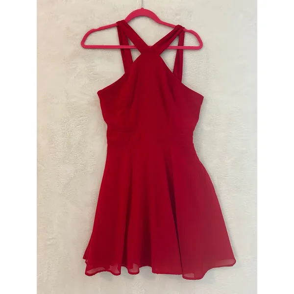 Charlotte Russe Red‎ Halter Cross Back Skater Dress Medium Sleeveless Party Mini - Image 2