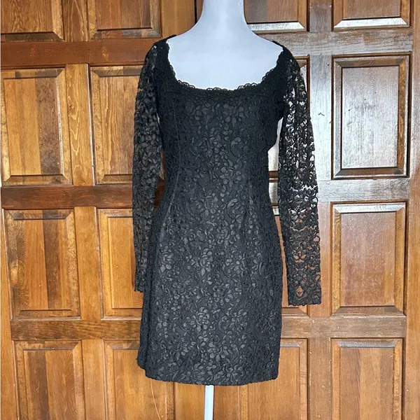 Vtg 90s Jennifer George By Night Black Lace Mini Dress Shere Sleeve‎ Goth Vamp 4 - Image 2