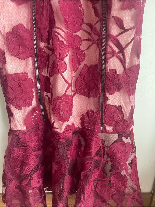 Lulus Alluring Dream Burgundy Floral Mesh Lace Trumpet Midi Dress - Image 9