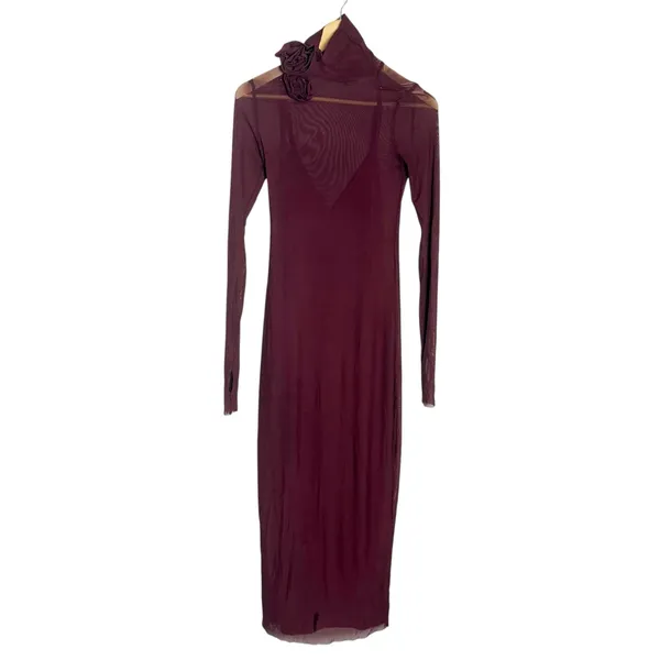 AFRM Revolve Shailene Fig Burgundy Mesh Long Sleeve Rosette Turtleneck Dress XS - Image 2
