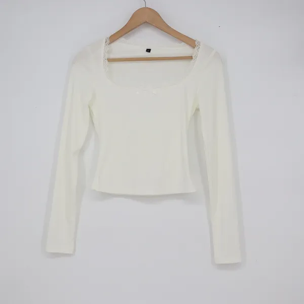 Cream White Ribbed Long Sleeve Lace Trim Bow Square Neck Coquette Top Small - Image 2