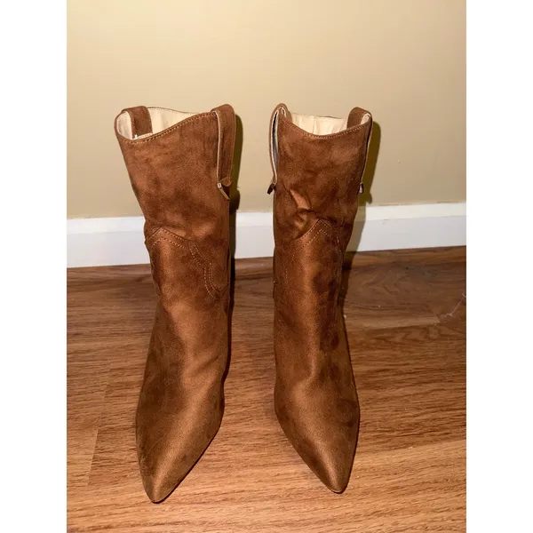 Lulus Brown Faux Suede Pointed Toe Slouchy Block Heel Boots Women 8 Western Boho - Image 3