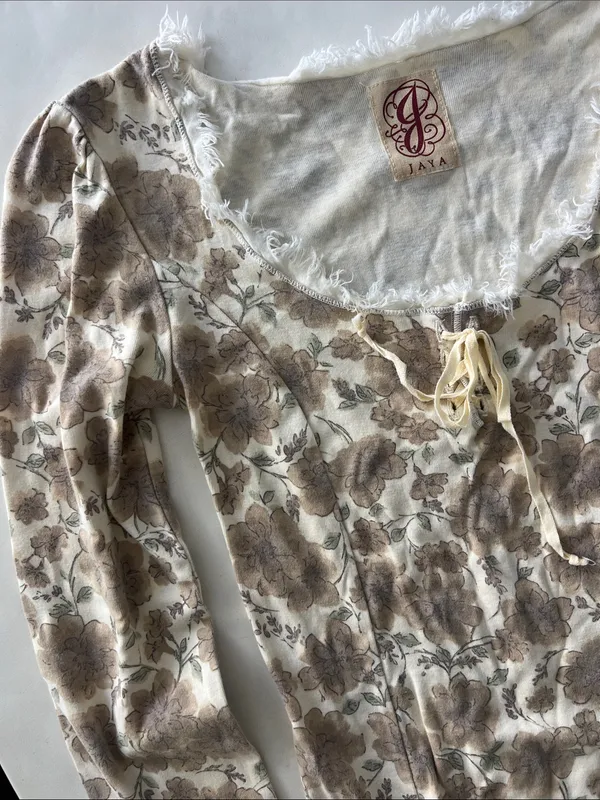 Jaya Vintage VTG Cotton Floral Cream Cottagecore Prairie 90s Lace Up Bell Top S - Image 4