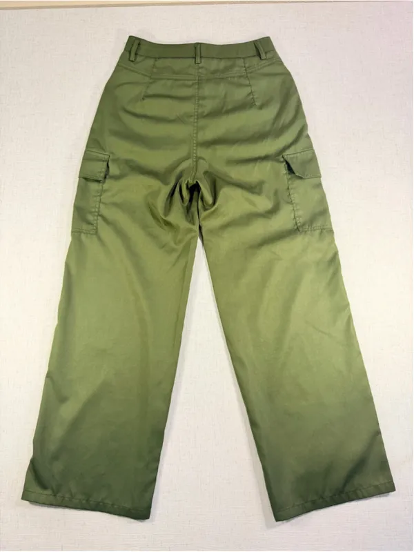 Women’s High Waisted Wide Leg Cargo Pants Flap Pockets Army Olive Green Small - Image 5