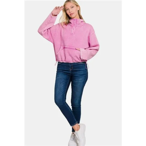Zenana Acid Wash Fleece Half Snap‎ Sweatshirt with Pocket - Image 3