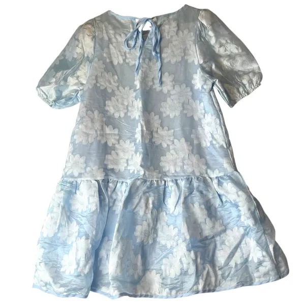 Pink Ripple Womens S Swing Dress Puff Sleeve Drop Waist Blue Floral Garden Party - Image 2