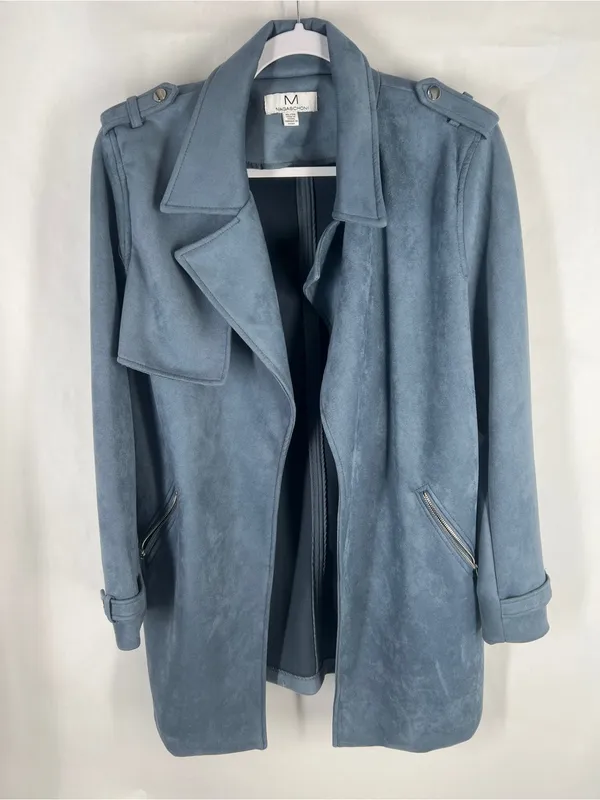 Magaschoni Dusty Blue Faux Suede Open Front Moto Jacket XL - Image 2
