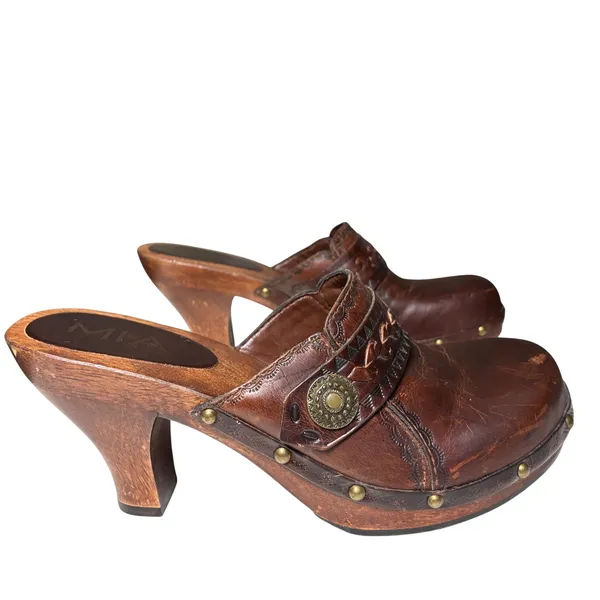 MIA Brown Leather Clogs Womens 7 Braided Studded Wood Platform Boho 70s - Image 4