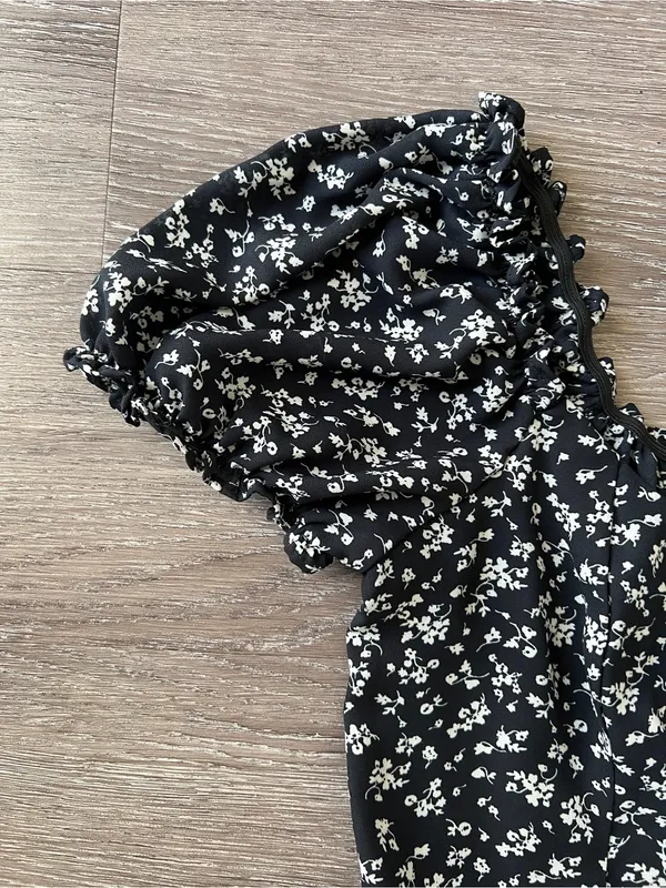 TRIXXI Black Floral Wide Leg Jumpsuit Puff Sleeve Smocked Back S - Image 8
