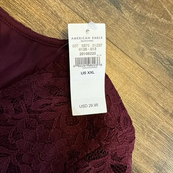 American Eagle Outfitters Maroon Lace Ruched Tie Front Ruffled Hem Crop Top - Image 4