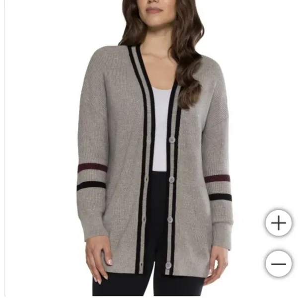 Matty M Gray Cardigan with Black and Burgundy Stripes - Image 2
