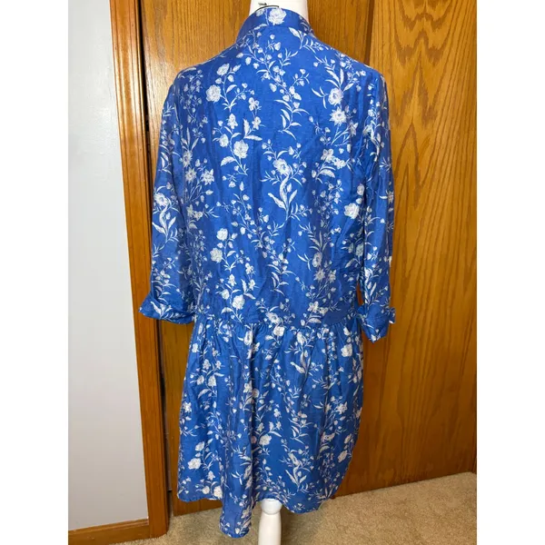 Tuckernuck Limoges Floral Royal Blue Shirt Dropped Waist Mini Dress Size M - Image 5