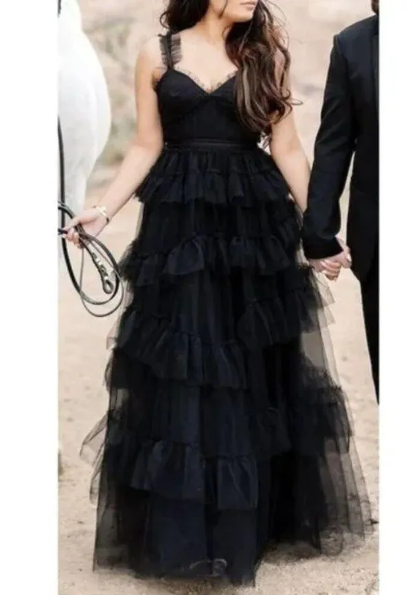 BETSY & ADAM Tiered Ruffle Tulle Gown in Black Size US 4 - Image 13
