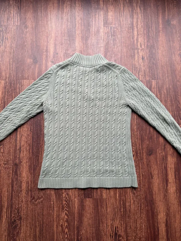 LL Bean Women’s M Sage Green Cotton Cable Knit Sweater Notch V-Neck Pullover - Image 4