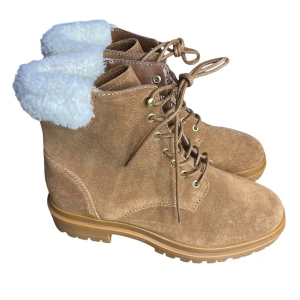 Lauren Ralph Lauren Carlee suede tan combat lace-up boots fauxshearling 8.5 New - Image 6