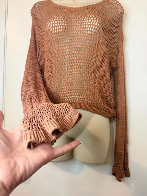 Happily Grey Open Knit Sweater Dusty Rose Mesh Crochet Size L Long Sleeve - Image 4