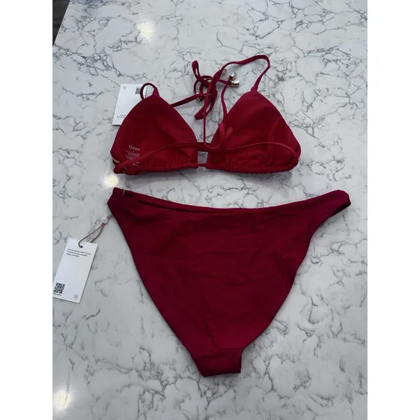 NWT Quince Cherry Red Italian Triangle Bikini Top & Low Rise Bottoms Set Medium - Image 2