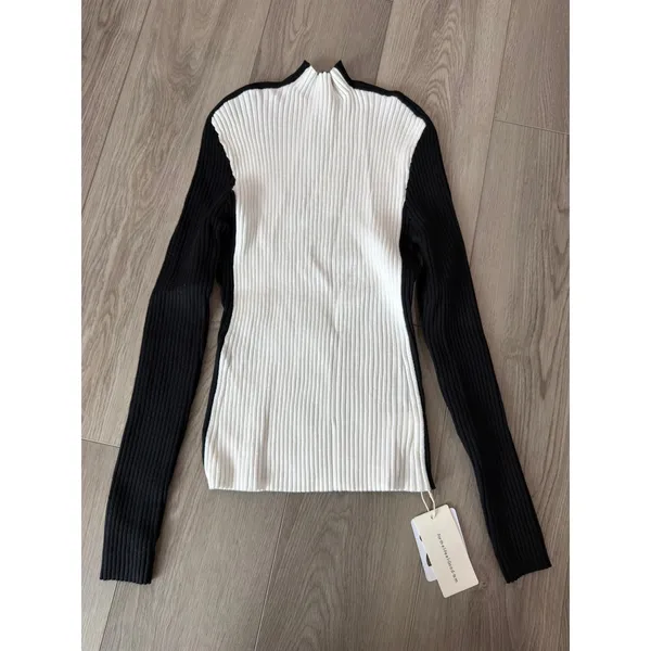 Commense Color Block White Black Casual Cozy Strech Ribbed Knit Top NWT L - Image 2