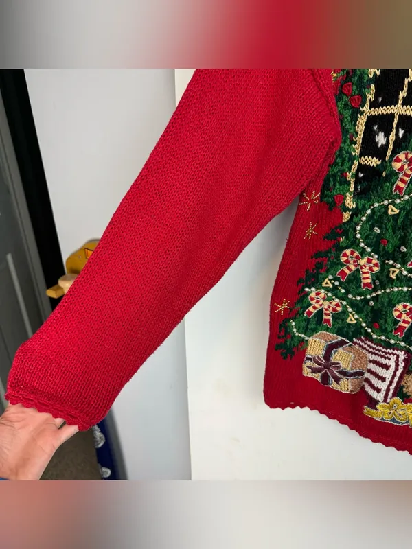 Vintage 90s Tiara International Red Christmas Sweater Sz Medium Teddy Bear Tree - Image 10