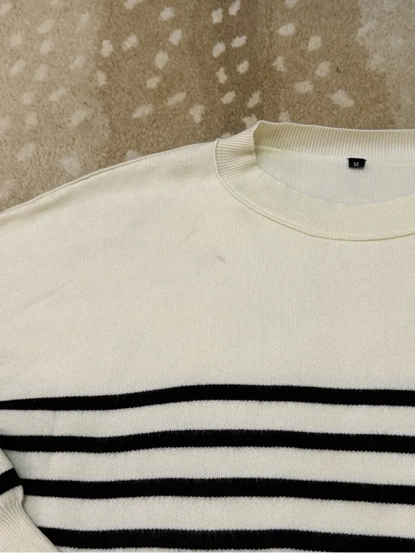 Black Ivory Striped Breton Knit Sweater Women’s M Oversized Crewneck - Image 7