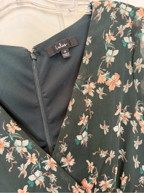 Lulu's Dark Cottagecore Green Floral Print Long Sheer Sleeves Mini Dress Medium - Image 2