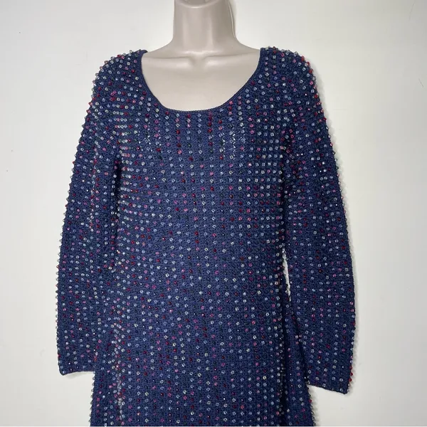 NWT DOEN Solandis Navy Beaded Crochet Long Sleeve Knit Mini Bodycon Dress sz M - Image 8