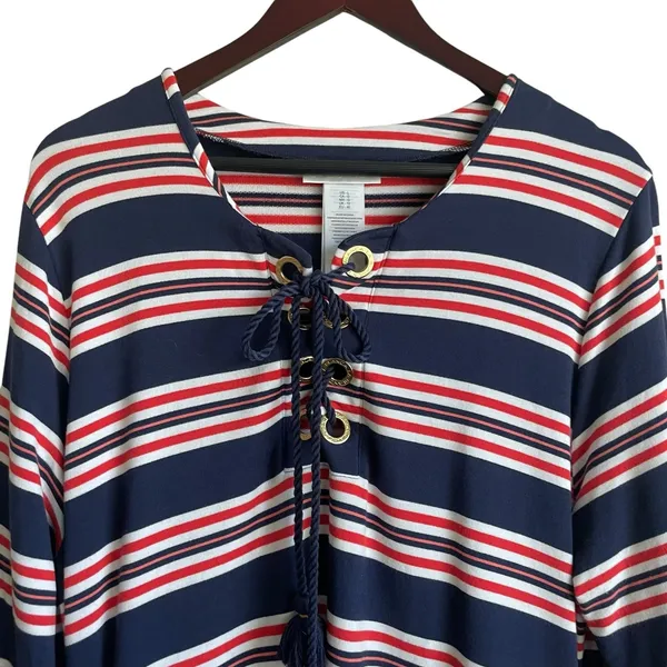 La Blanca Women Sailor Striped Dress L Lace‎ Up Nautical Coastal Preppy Resort - Image 3