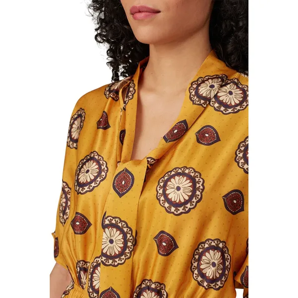 Nissa Marigold Medallion Print Silk Blend Short Sleeve A-Line Midi Dress Size 8 - Image 6