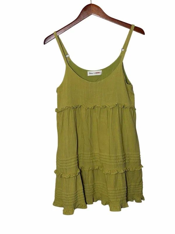 Olive Green Linen Blend Boho Tiered Ruffle Babydoll Mini Dress Small Sundress - Image 2
