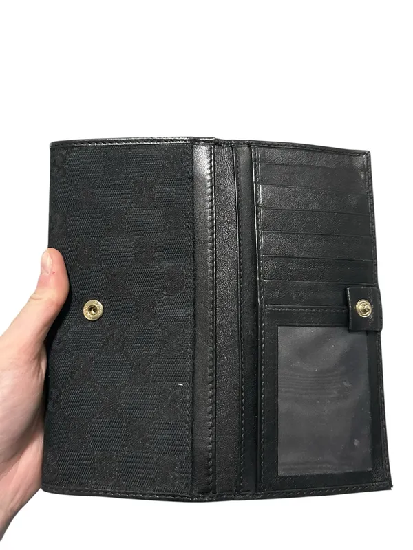 Authentic Gucci Guccissima GG Logo Black Fabric Gold Hardware Long Wallet - Image 9