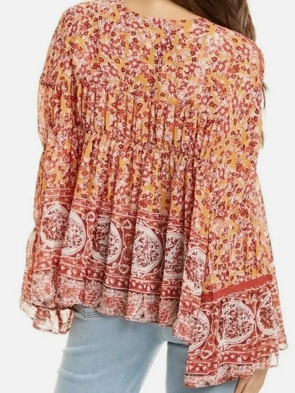 Free People Lorienne Rust and Pink Floral Border Peasant Blouse Boho Small - Image 2