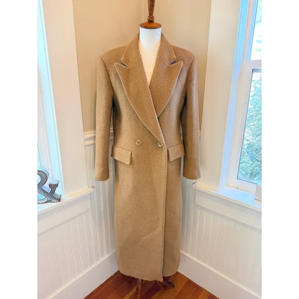 Sandro Straight Cut Brushed Wool Coat Double Breasted Long Camel Brown 36 S - Image 2