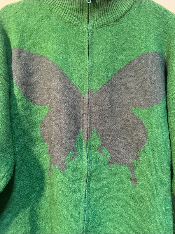 Vencede Women's Sz Medium Full Zip Sweater Green Gray Large Butterfly Print Soft - Image 5