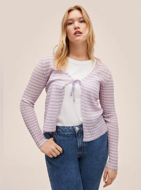 Mango NWT KNITTED CROPPED CARDIGAN STRIPED PURPLE WHITE LIGHTWEIGHT TIE DETAIL - Image 6