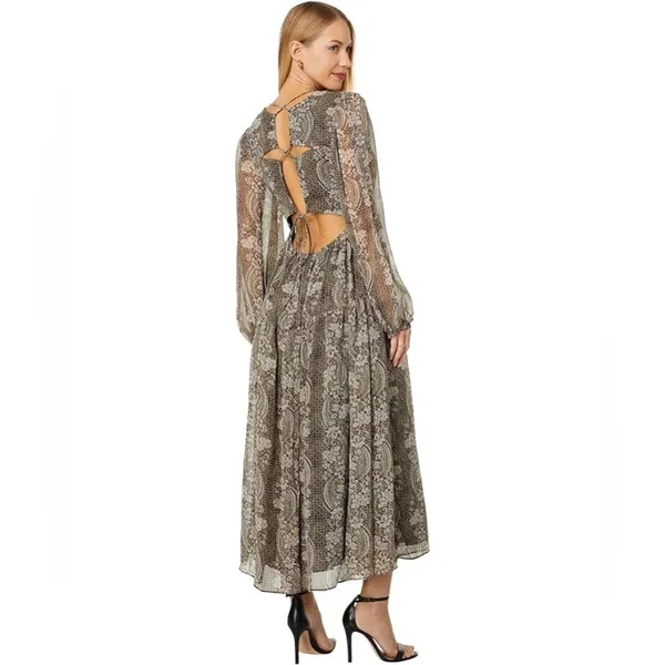 En Saison Teyana Lace Up Long Sleeve Midi Dress Olive Floral Small NWT - Image 4