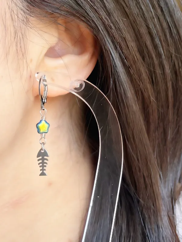 Handmade fish bone & star stainless steel unique funky dangle earrings🌀🐟💙⭐️ - Image 6