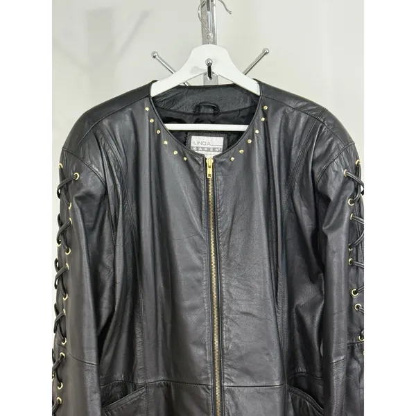 Vintage Women’s Black Leather Jacket Lace Up Studded Biker Y2K Punk Goth Size S - Image 4